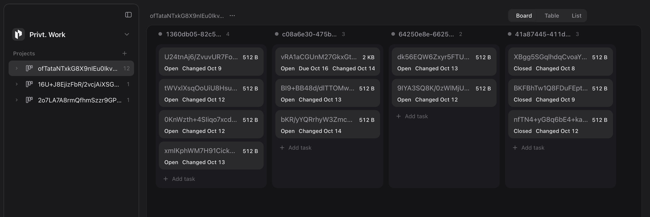 The same board as our cloud holds it: each card shows the start of its ciphertext and its padded size, then the word Open or Closed and the day it last changed, with Due Oct 16 on one card; each column shows a random id, and the project names in the sidebar are ciphertext