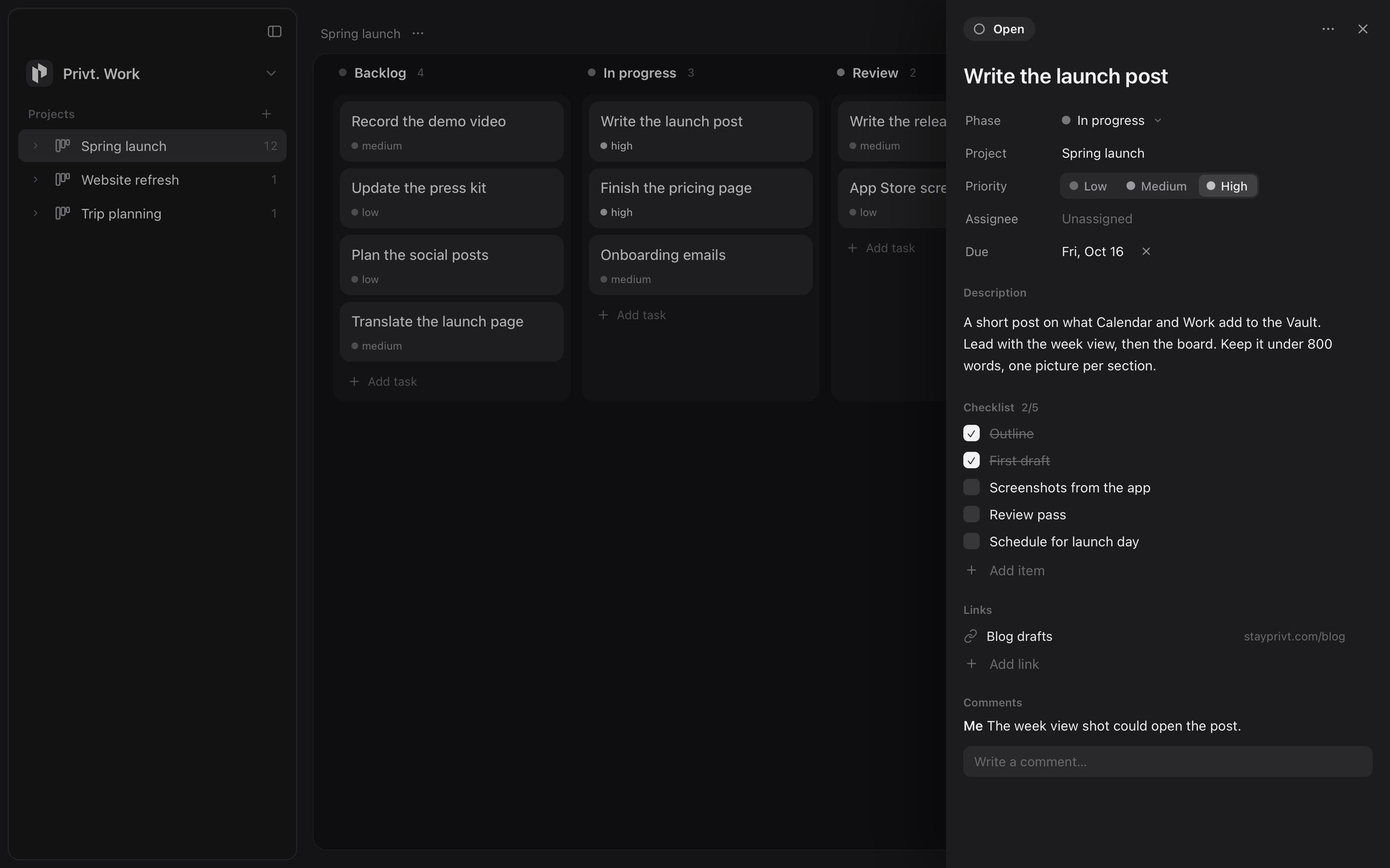 The task Write the launch post open in its panel, showing its phase, priority, due date, description, checklist, link and comment